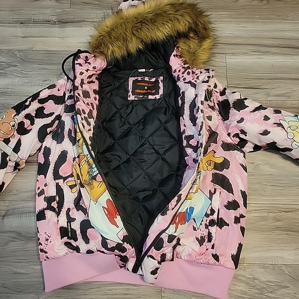 Members Only Nickelodeon Rug Rats Cat Dog Arnold Rocko Fur Pink Puffer Jacket L - Picture 5 of 10